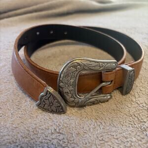 Western-Style Tan Leather Belt with Floral Silver Buckle
